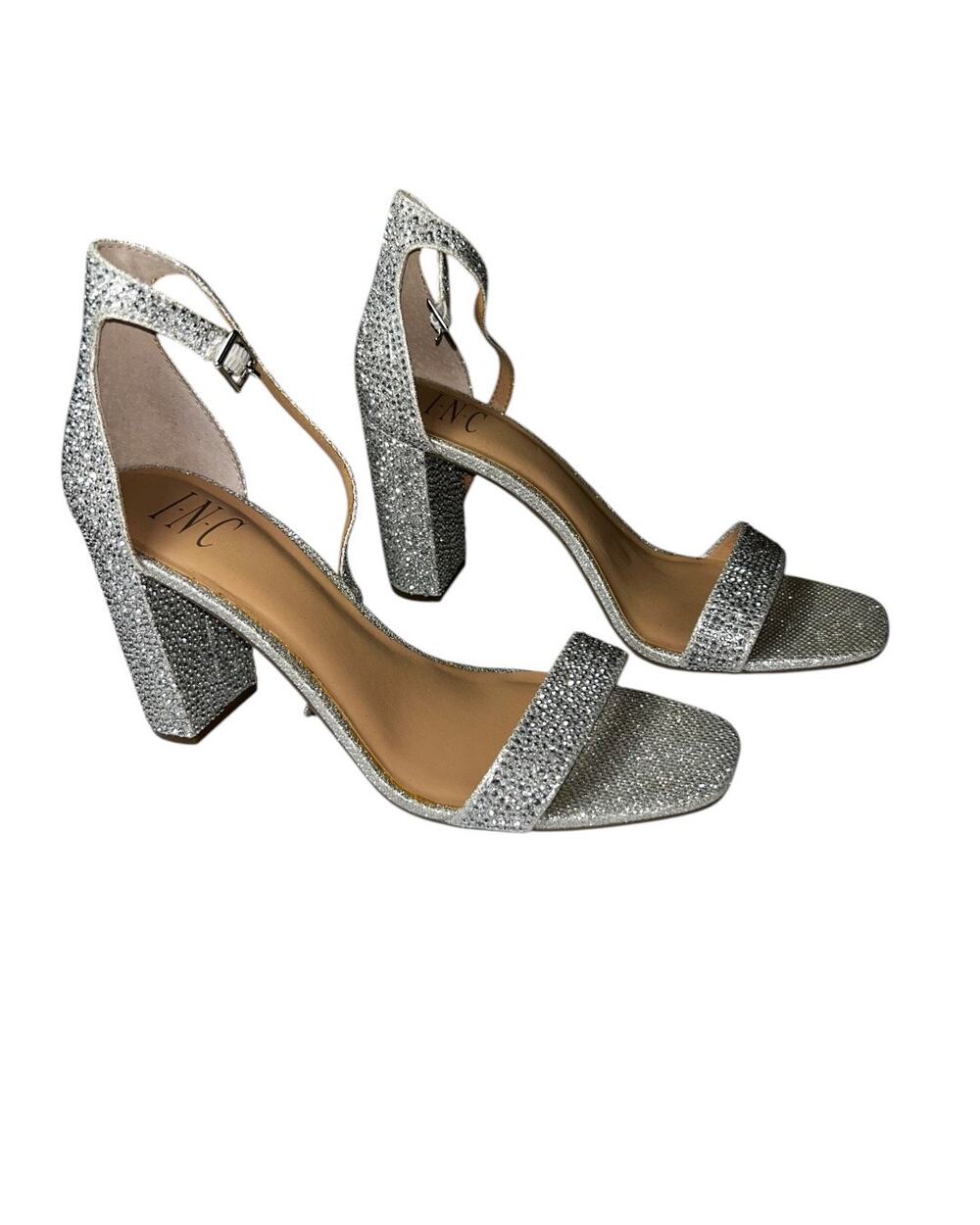 INC International Concepts Women’s Silver Rhinestone Block Heel Sandals Size 9M